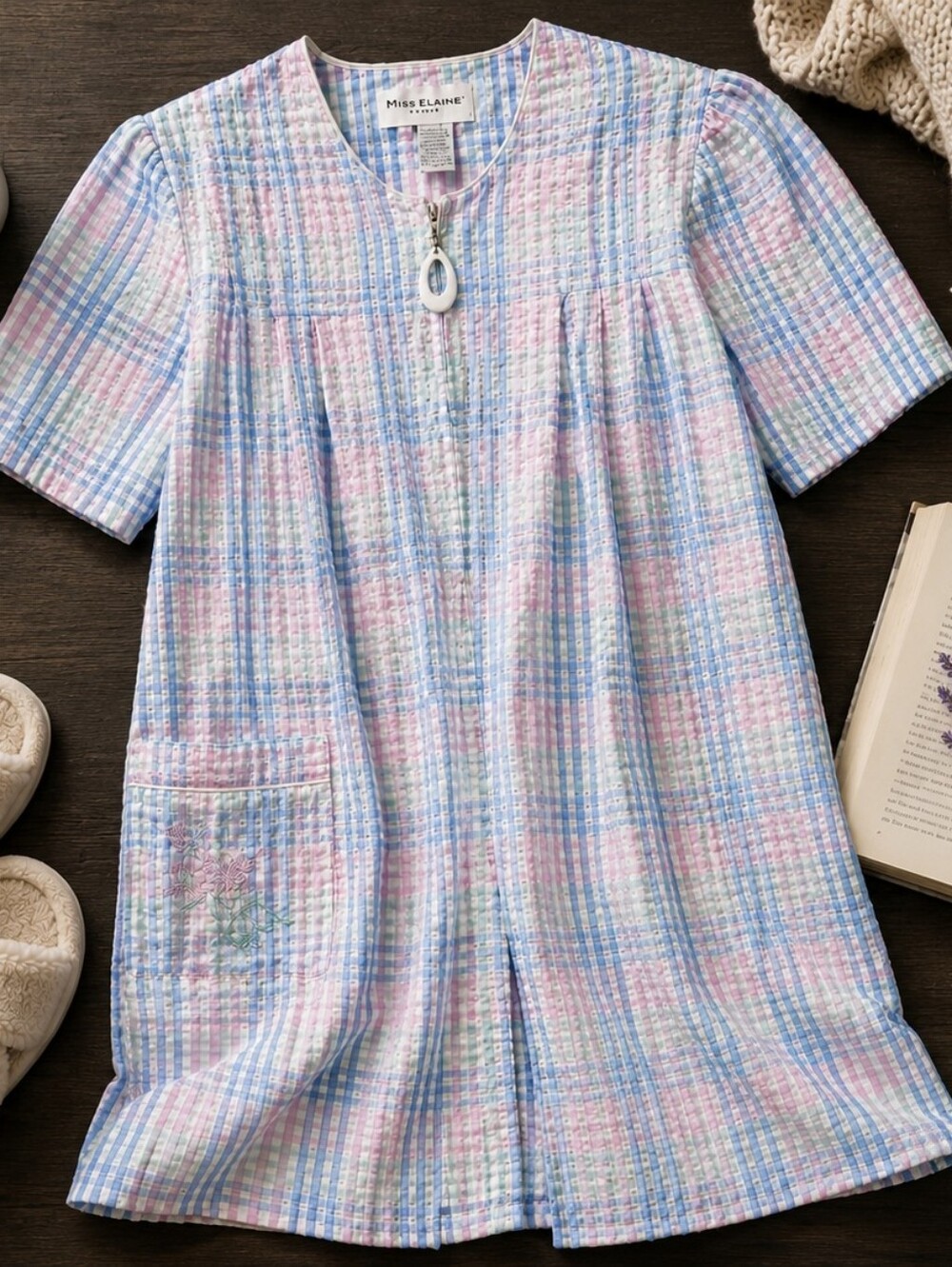 Miss Elaine Pink Blue Pastel Plaid Zip Grannycore Seersucker Loungewear LARGE